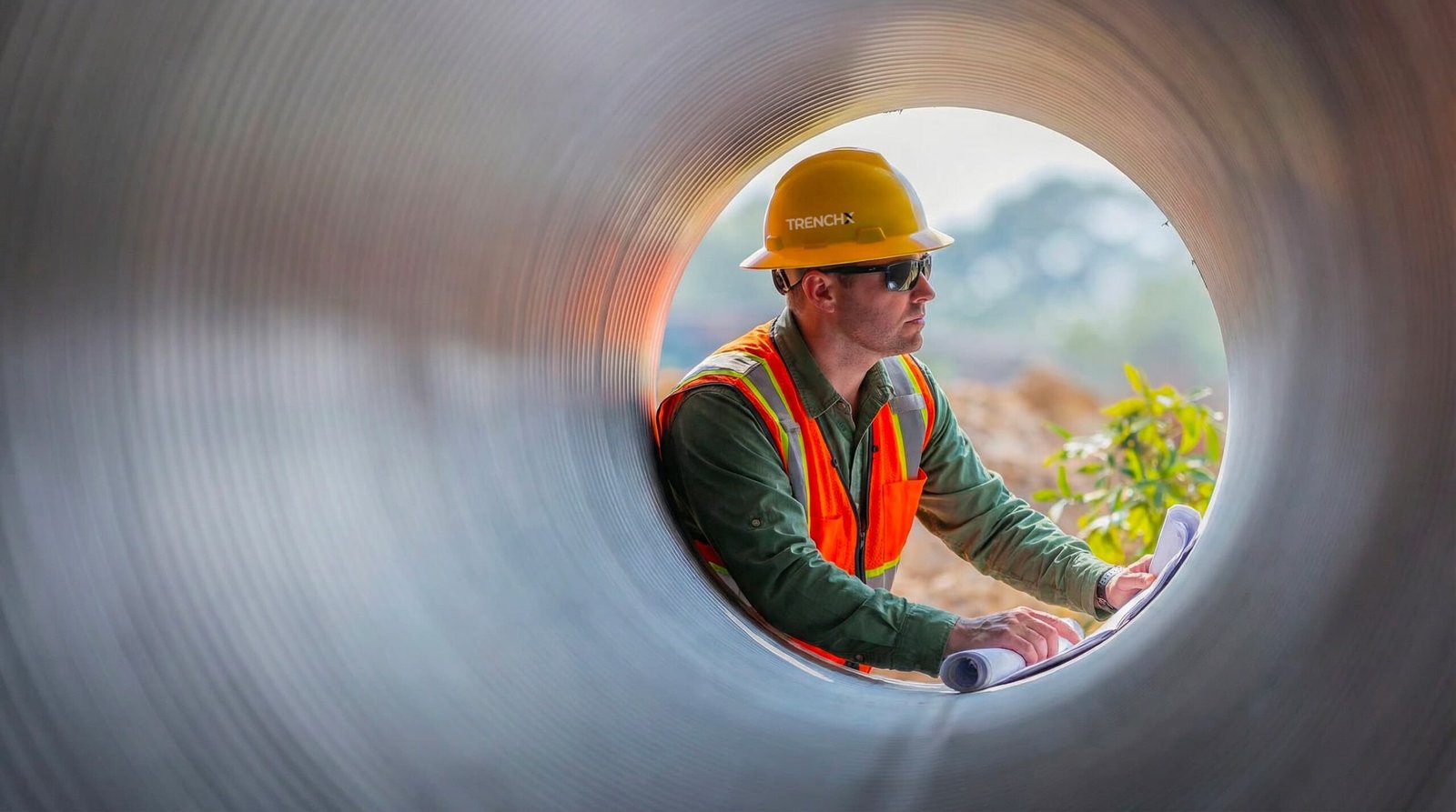 TrenchX trenchless pipe repair technician working inside a large pipe in Charleston South Carolina